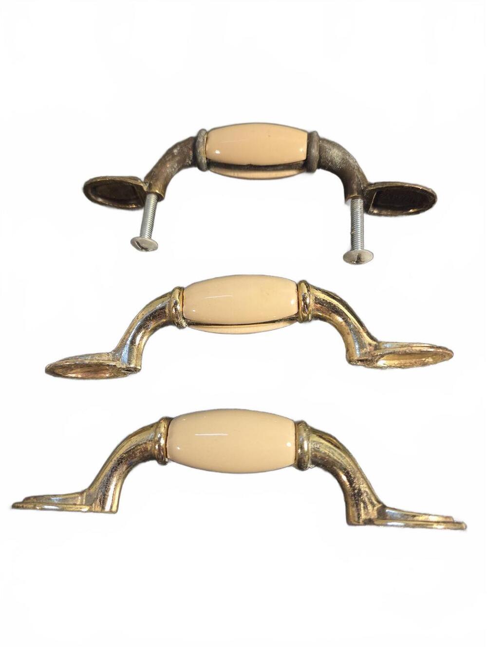 Brass & Cream Ceramic Cabinet Drawer Pulls | Set of 3 - Marked Taiwan A